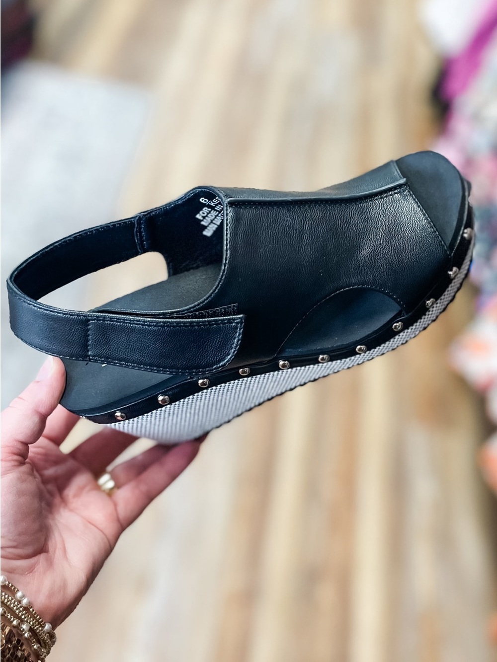 Corkys Footwear For Keeps Black Combo Wedge Sandal Stud Detail Easy Closure - Picture 2 of 2